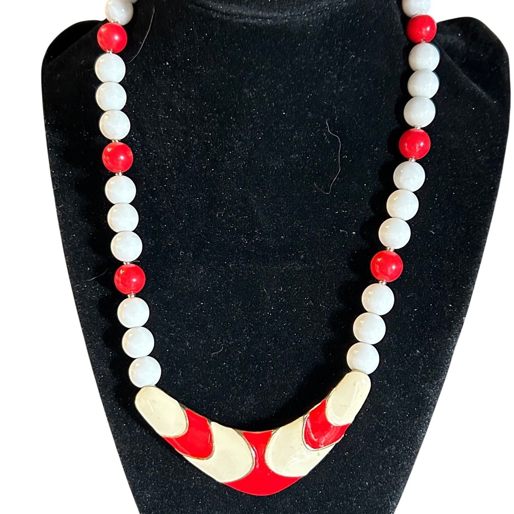 Vintage Red White Enamel Bib Statement Necklace Beaded Mod Geometric Style
